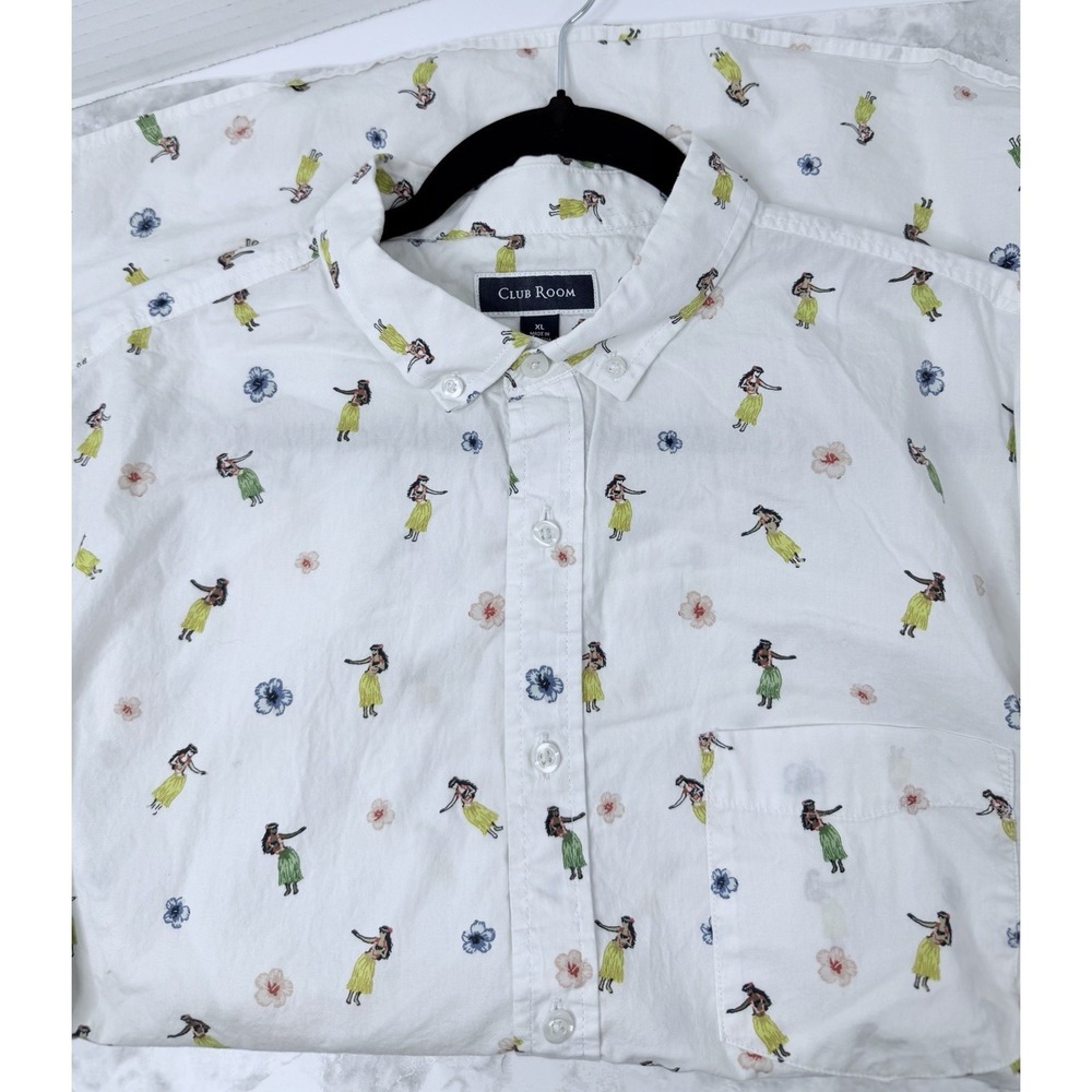 Club Room Mens X-Large White Short Sleeve Button Up Shirt Hula Dancers Hawaiian
